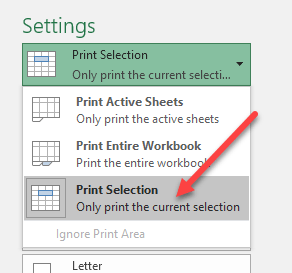 excel print selection page