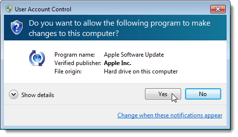 User Account Control dialog box displaying after clicking OK on Preferences dialog box